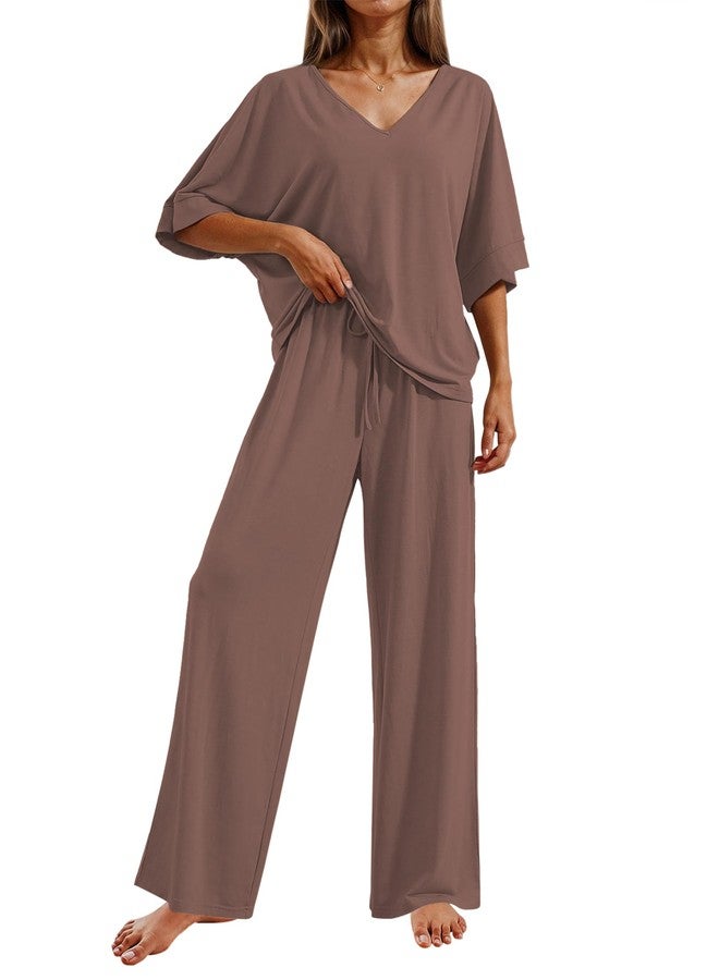 Ekouaer Lounge Sets for Women Casual Short Sleeve Tops and Long Pants Pjs Comfy Soft Pajama Sets Summer 2 Piece Outfits,Brown,M - Image 1